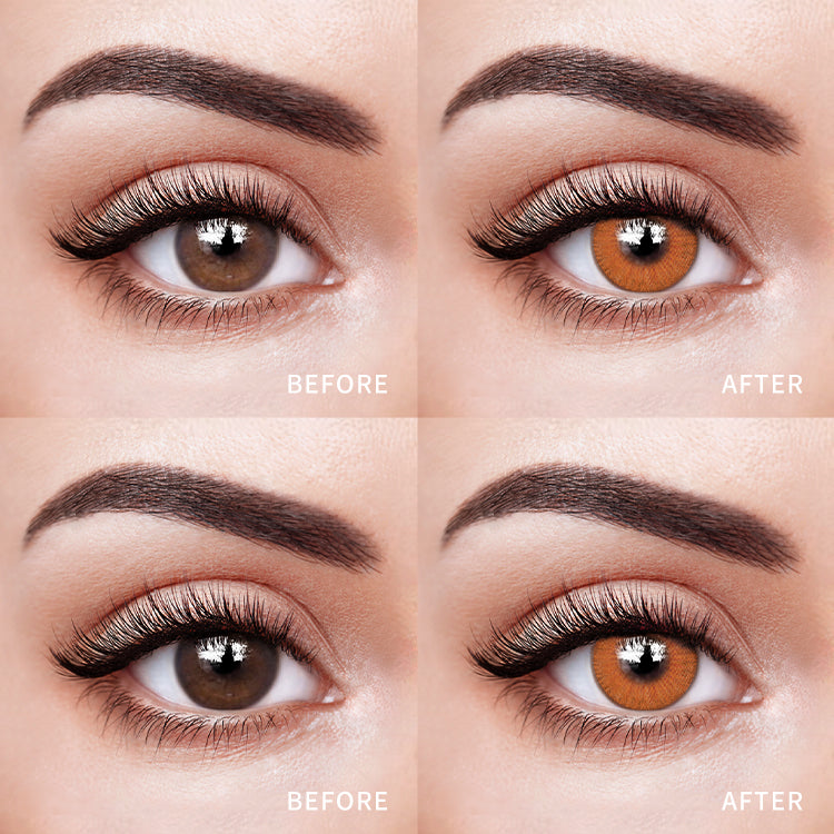 The before and after comparison of wearing New York Hazel Contact Lenses.